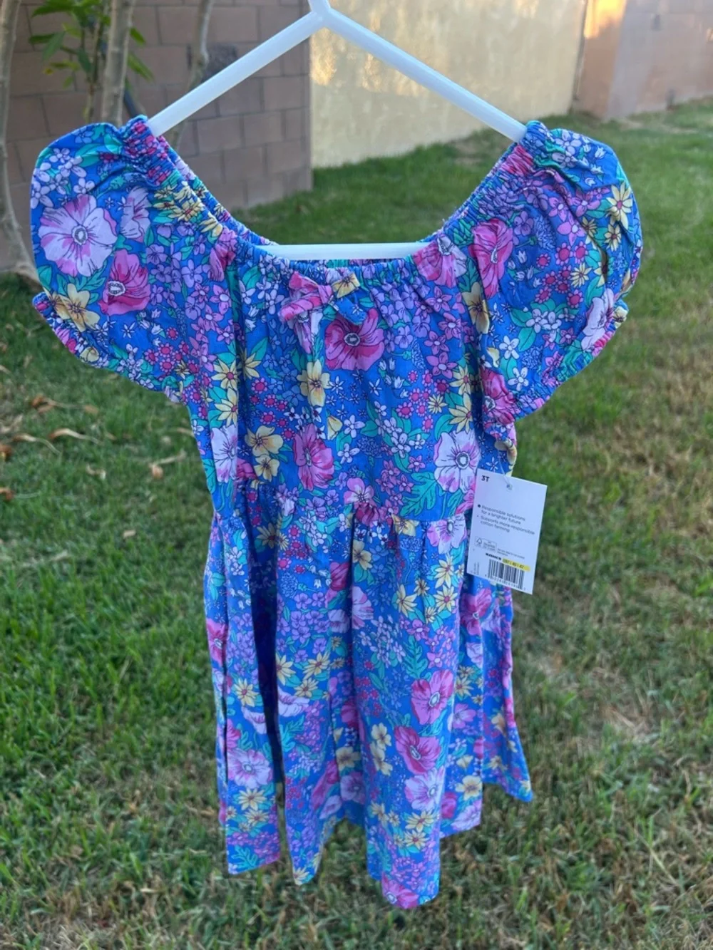 Kohl's Blue Floral Puff-Sleeve Dress with Pink & Yellow Blooms